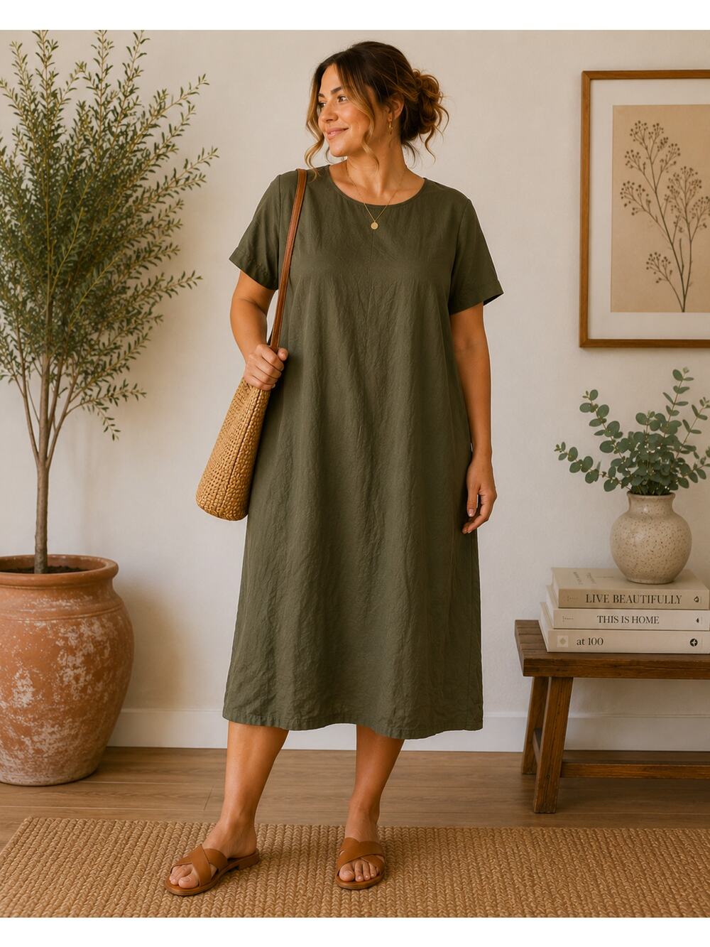 CHAUS Woman 100% Silk Olive Green Shift Dress Minimalist Short Sleeve Sz 3 NWT